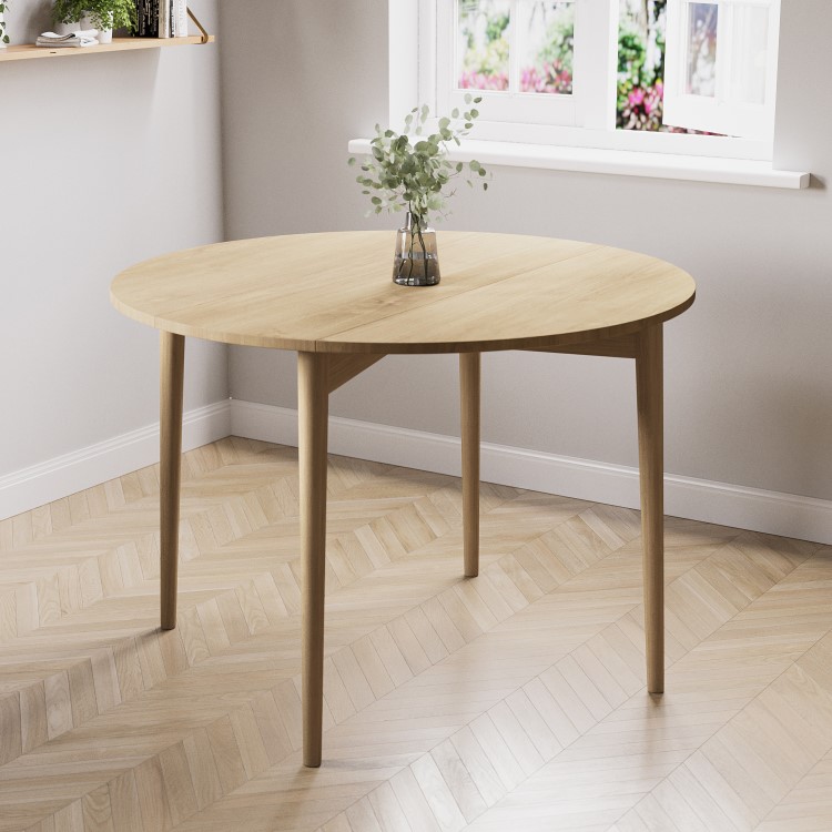 Small Round Oak Folding Drop Leaf Extendable Dining Table - Seats 2 - 4 - Rudy