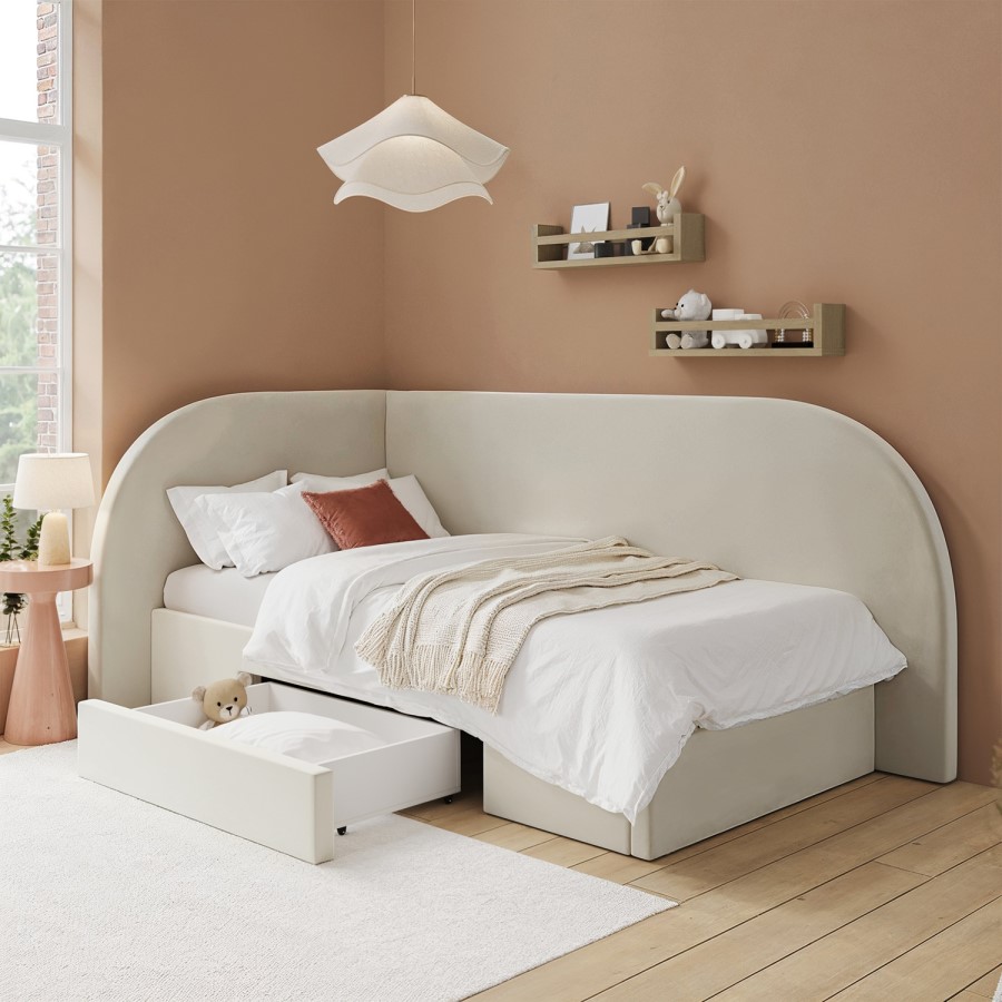 Cream Single Corner Bed with Storage and Curved Headboard - Reagan 