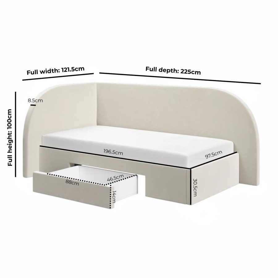 Cream Single Corner Bed with Storage and Curved Headboard - Reagan 
