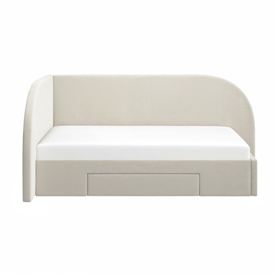 Cream Single Corner Bed with Storage and Curved Headboard - Reagan 