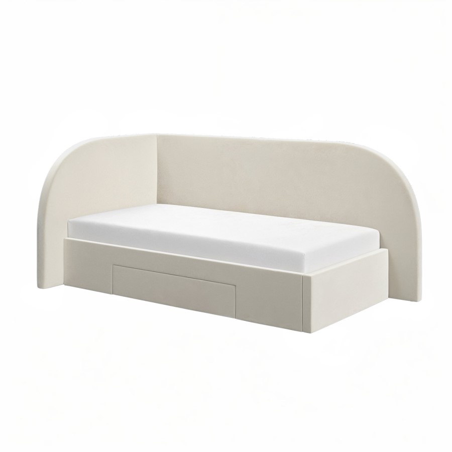 Cream Single Corner Bed with Storage and Curved Headboard - Reagan 