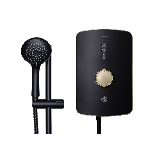 Triton Amala Metallic 8.5kW Black Electric Shower with Brushed Brass Push Button