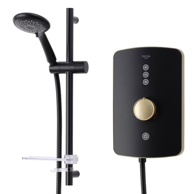 Triton Amala Metallic 8.5kW Black Electric Shower with Brushed Brass Push Button