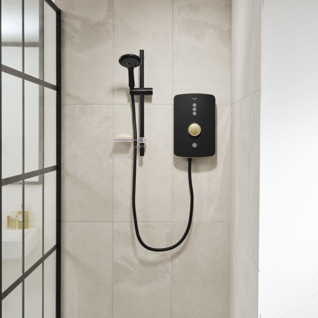 Triton Amala Metallic 9.5kW Black Electric Shower with Brushed Brass Push Button