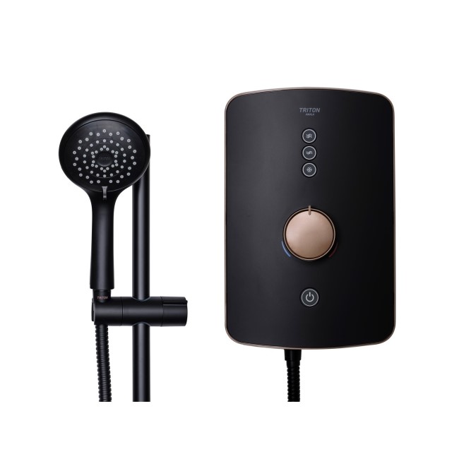 Triton Amala Metallic 9.5kW Black Electric Shower with Brushed Copper Push Button