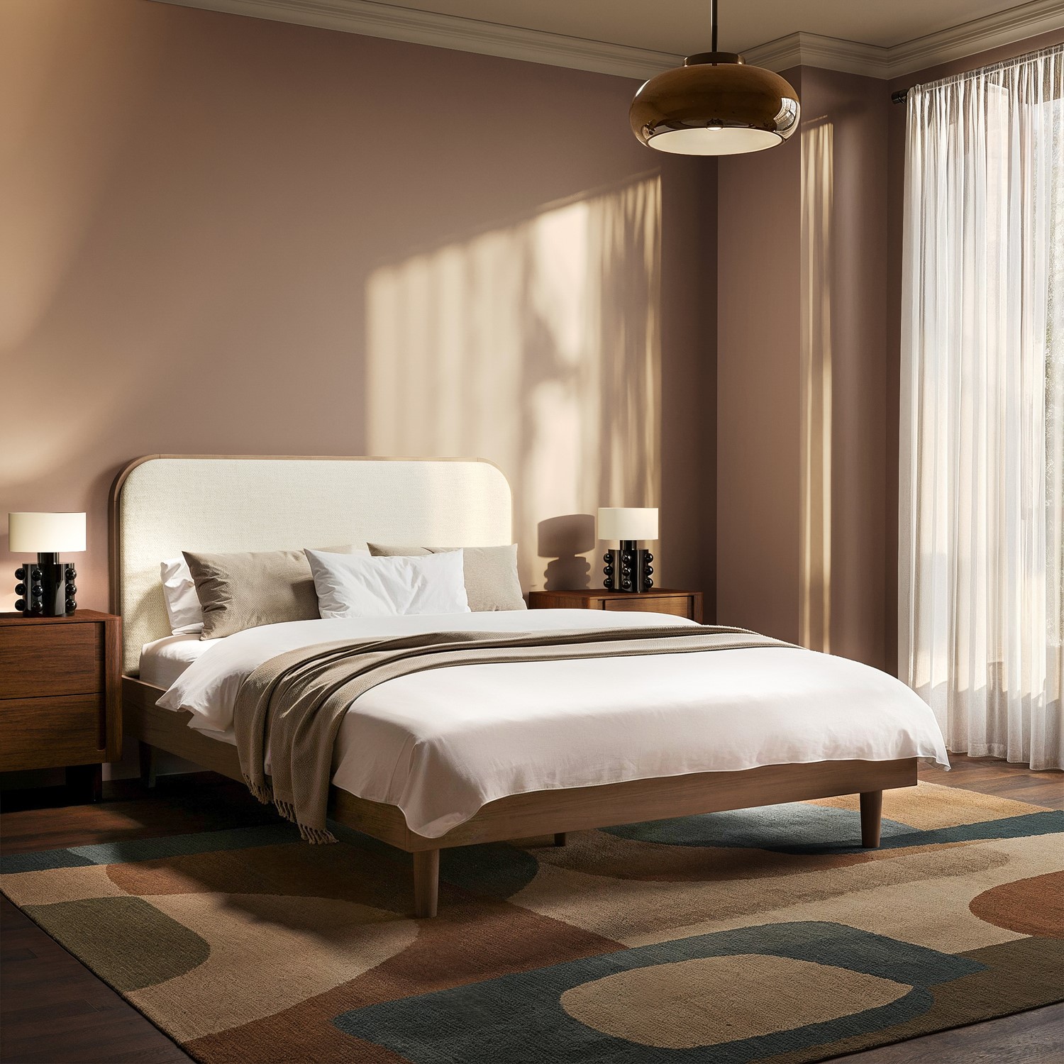 Walnut Double Wooden Bed Frame Upholstered Curved Headboard