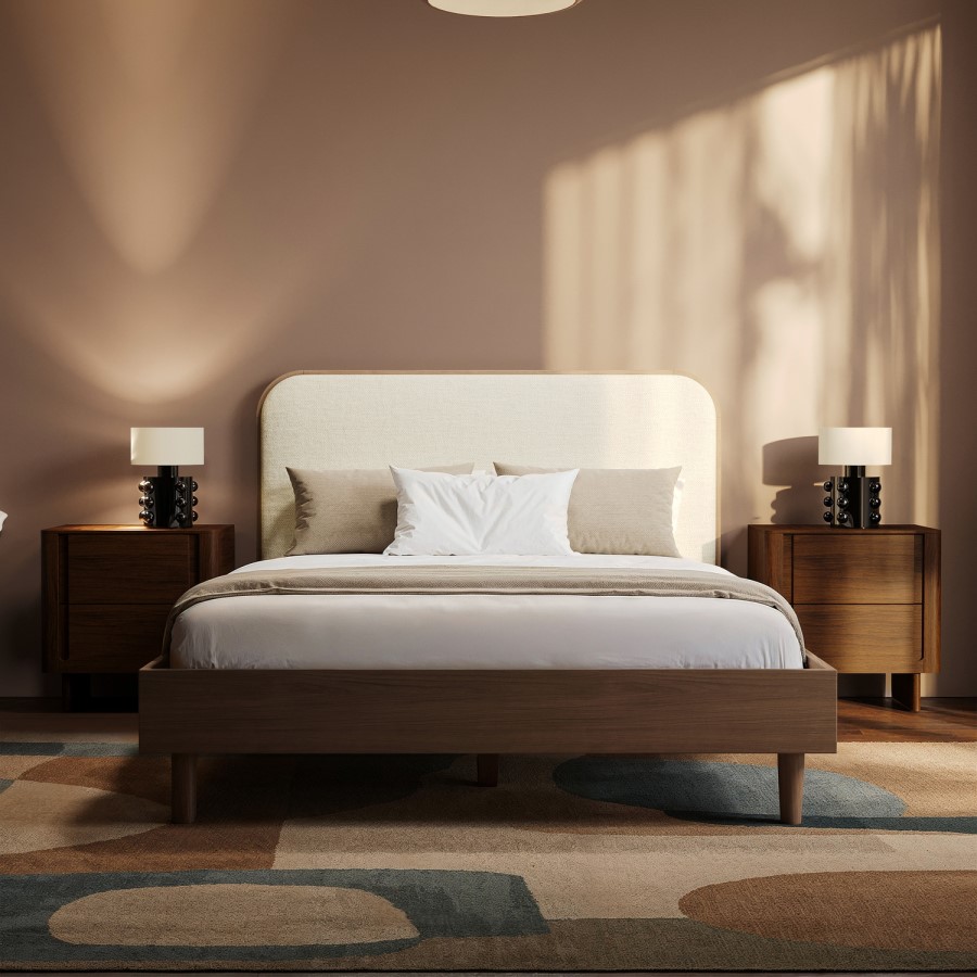 Walnut Double Wooden Bed Frame With Upholstered Curved Headboard - Reece