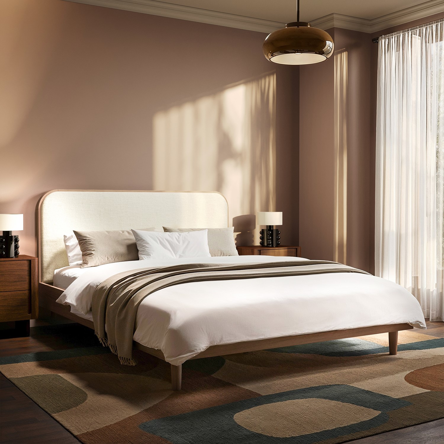 Walnut King Wooden Bed Frame Upholstered Curved Headboard