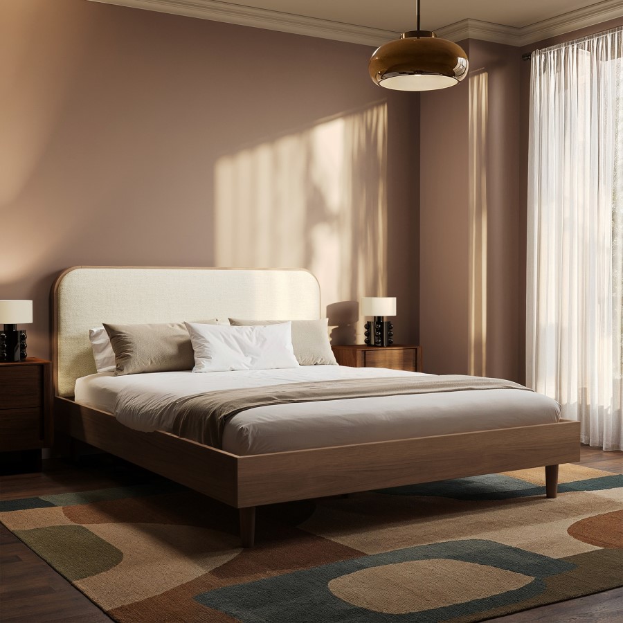 Walnut King Size Wooden Bed Frame With Upholstered Curved Headboard - Reece
