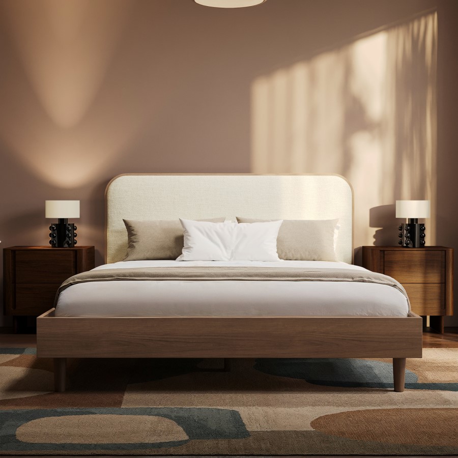 Walnut King Size Wooden Bed Frame With Upholstered Curved Headboard - Reece
