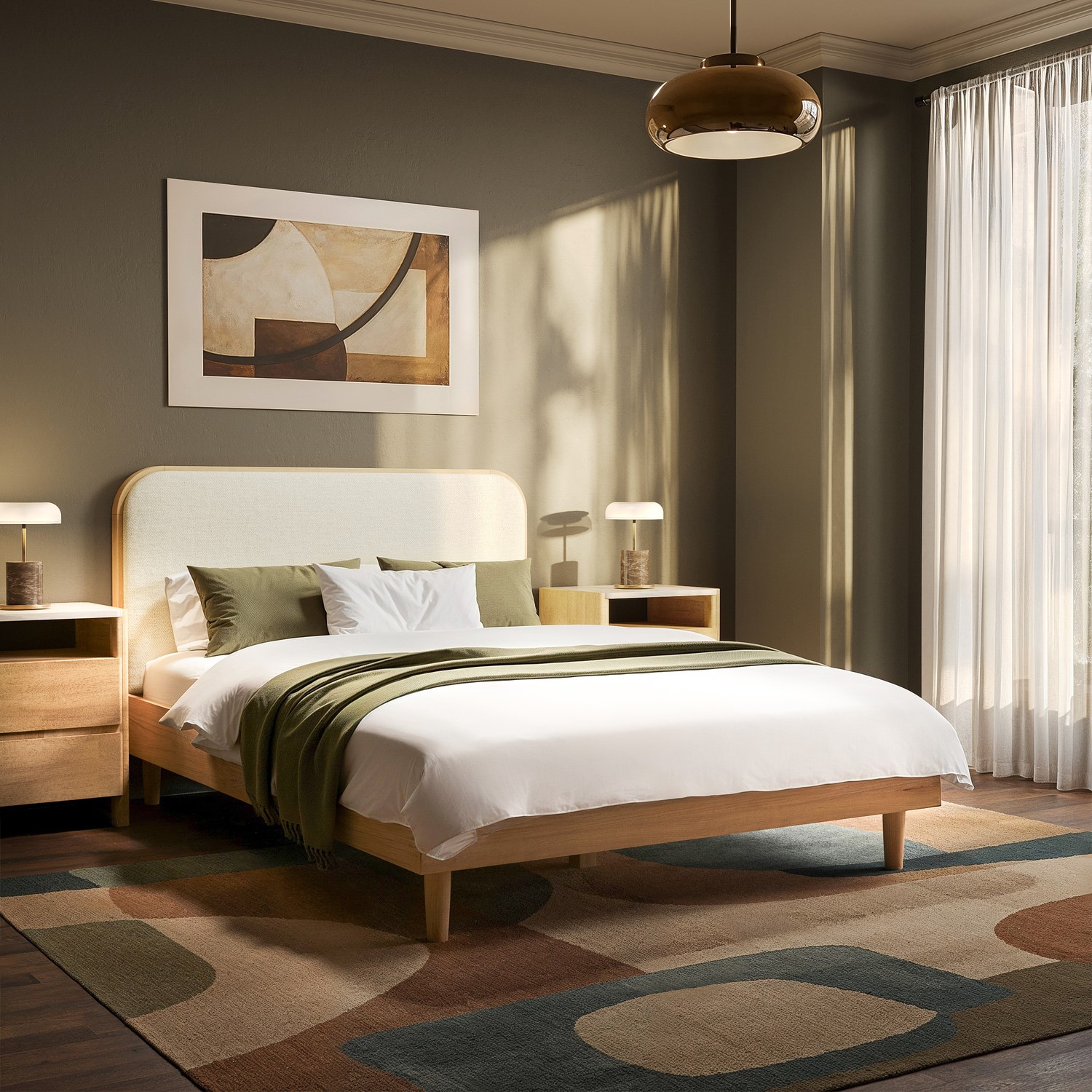 Oak Double Wooden Bed Frame Upholstered Curved Headboard