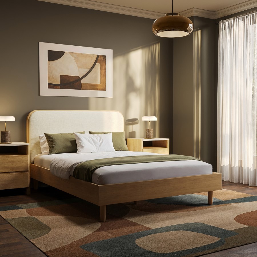 Oak Double Wooden Bed Frame With Upholstered Curved Headboard - Reece