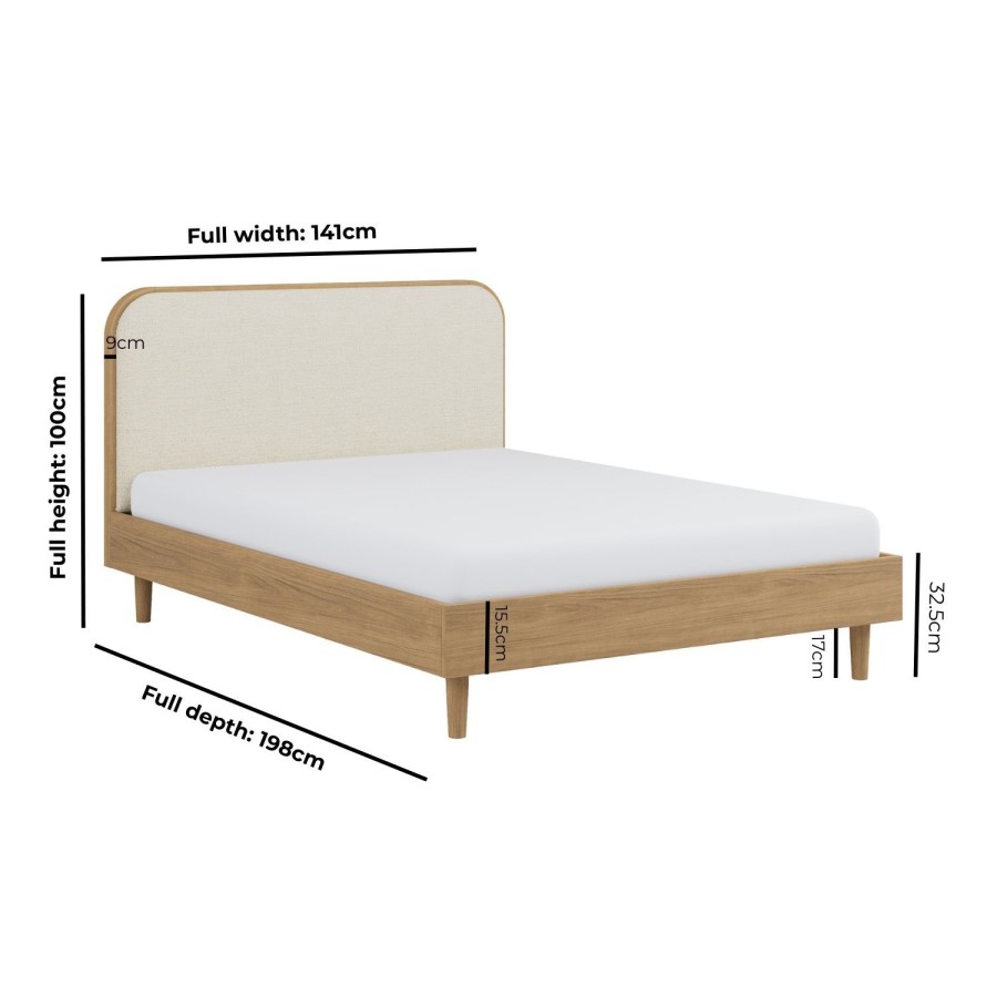 Oak Double Wooden Bed Frame With Upholstered Curved Headboard - Reece