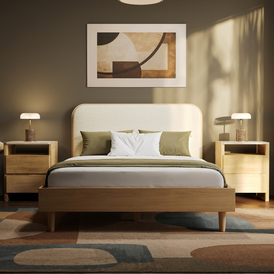 Oak Double Wooden Bed Frame With Upholstered Curved Headboard - Reece