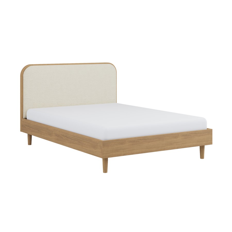 Oak Double Wooden Bed Frame With Upholstered Curved Headboard - Reece