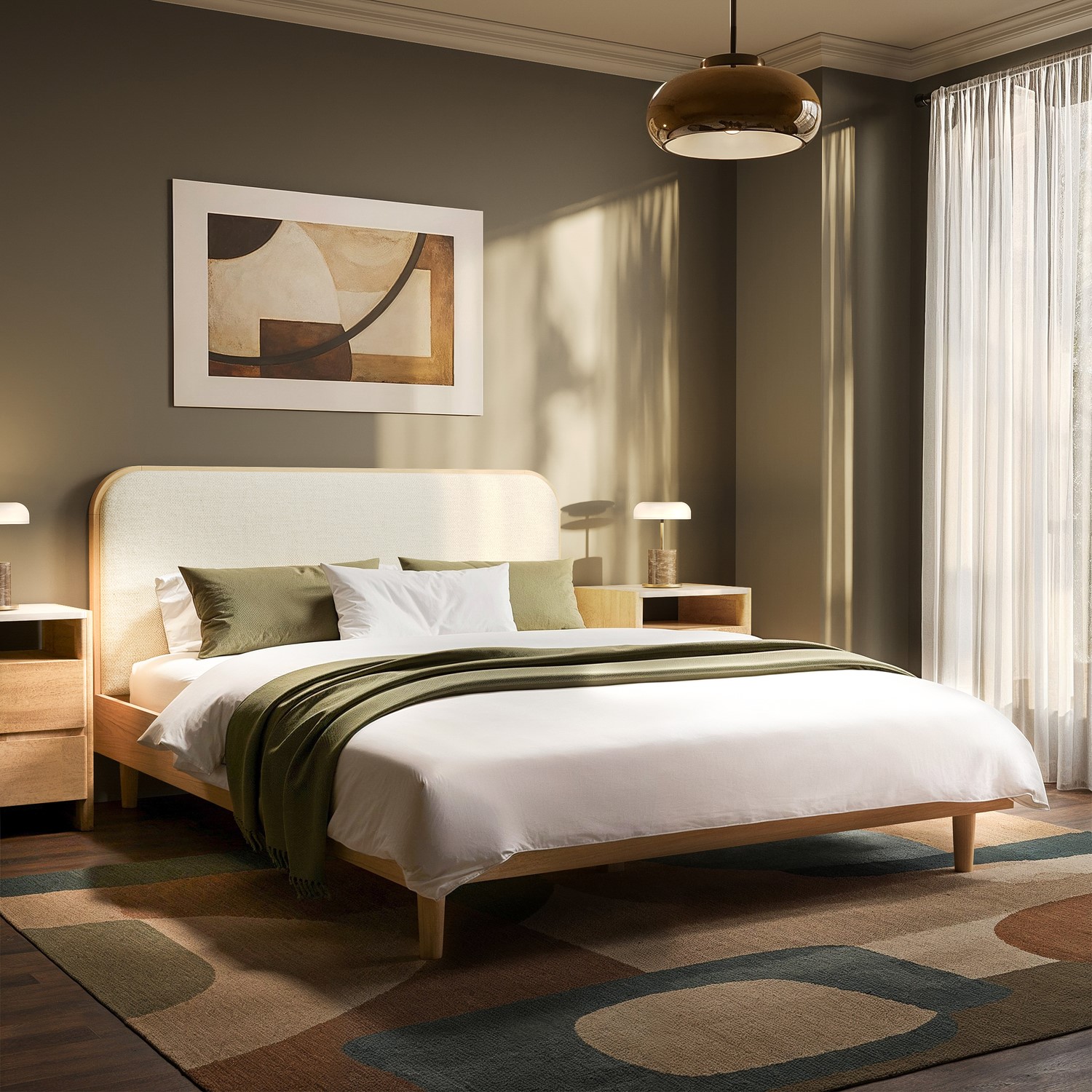 Oak King Wooden Bed Frame Upholstered Curved Headboard