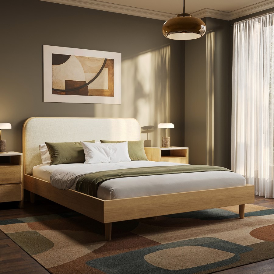 Oak King Size Wooden Bed Frame With Upholstered Curved Headboard - Reece