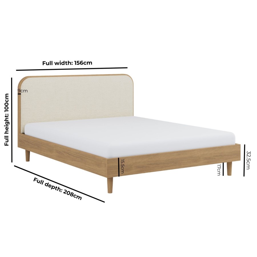 Oak King Size Wooden Bed Frame With Upholstered Curved Headboard - Reece