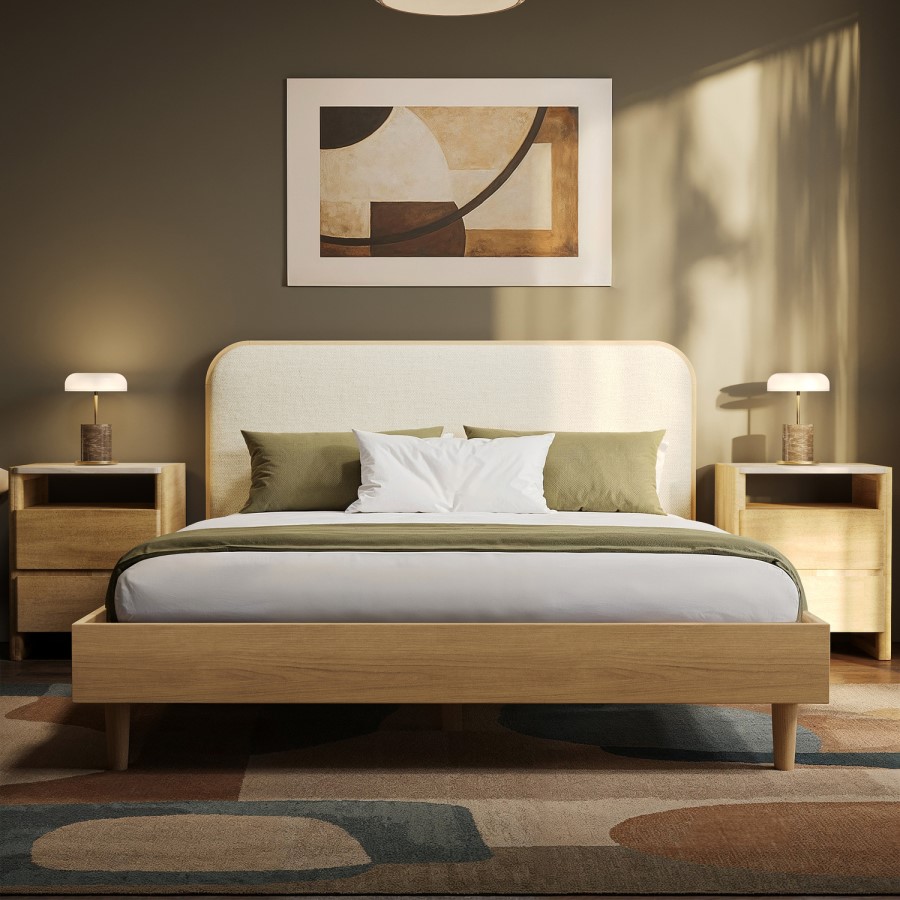 Oak King Size Wooden Bed Frame With Upholstered Curved Headboard - Reece