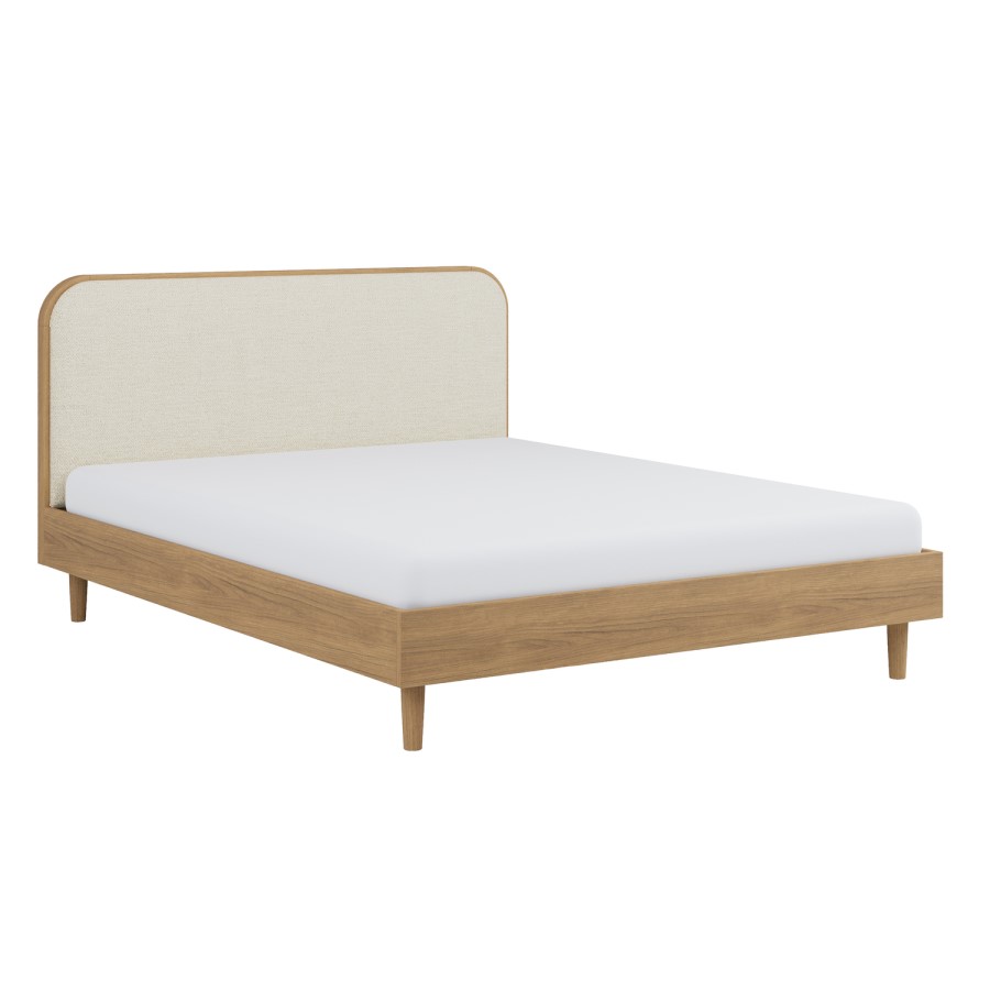 Oak King Size Wooden Bed Frame With Upholstered Curved Headboard - Reece