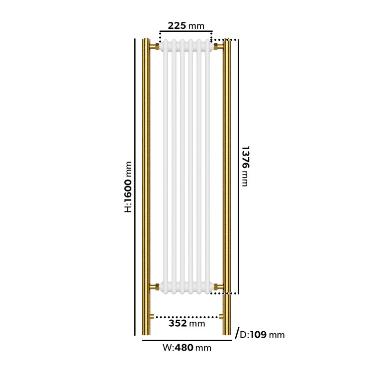 White and Brass Vertical Traditional Column Radiator 1600 x 480mm- Regent