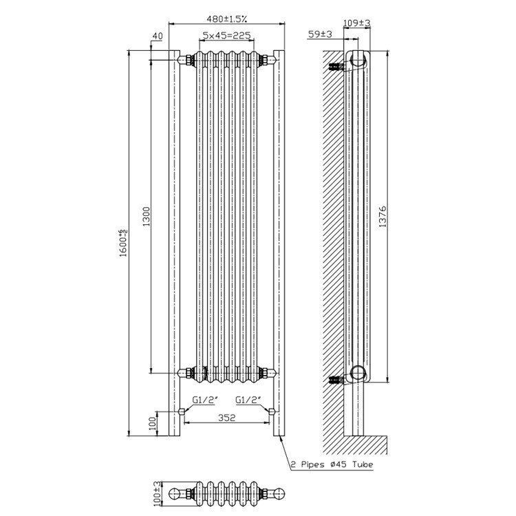 White and Brass Vertical Traditional Column Radiator 1600 x 480mm- Regent