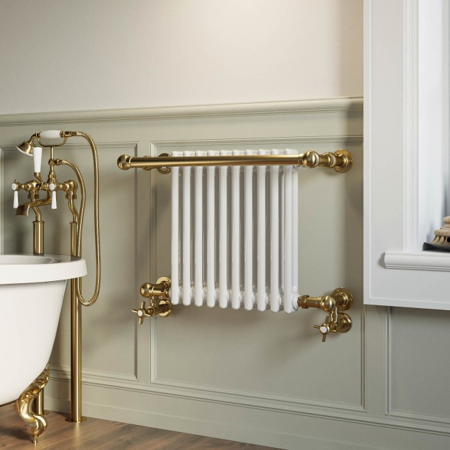 White and Brass Traditional Column Radiator with Towel Rail 510 x 740mm - Regent