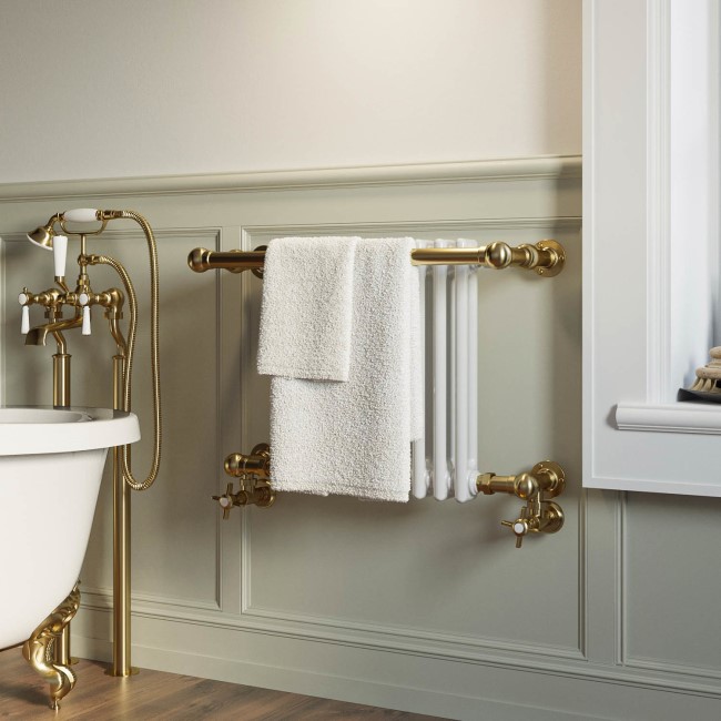 White and Brass Traditional Column Radiator with Towel Rail 510 x 740mm - Regent