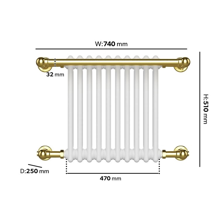 White and Brass Traditional Column Radiator with Towel Rail 510 x 740mm - Regent