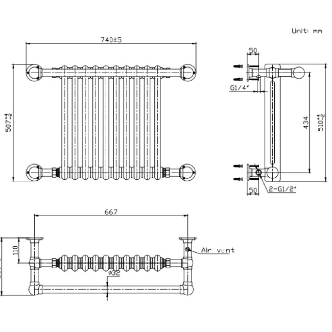 White and Brass Traditional Column Radiator with Towel Rail 510 x 740mm - Regent