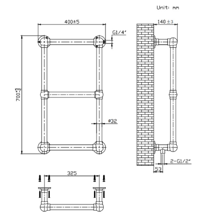 Chrome Vertical Traditional Towel Radiator 700 x 400mm - Regent