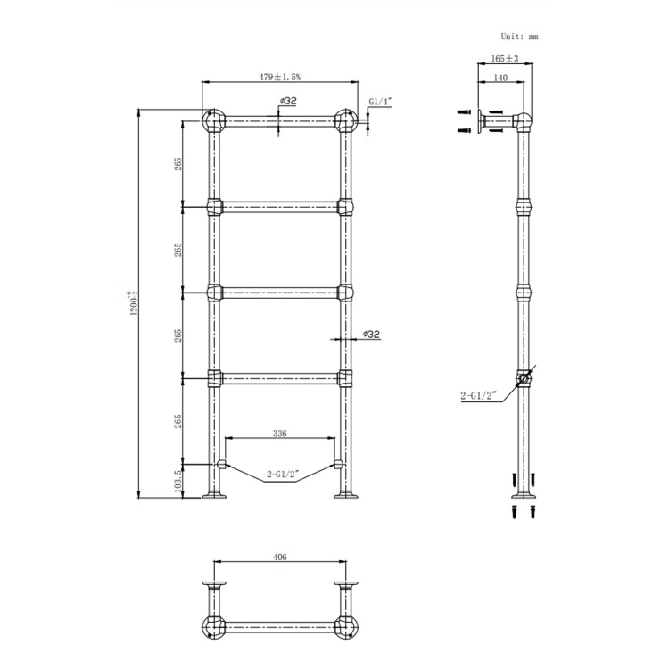 Black Vertical Traditional Towel Rail Radiator 1200 x 479mm - Regent