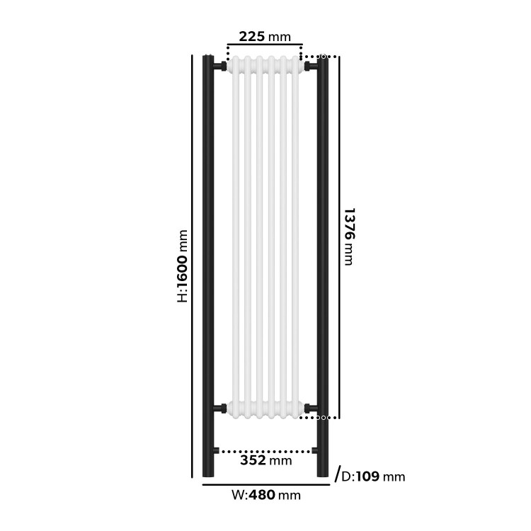 White and Black Vertical Traditional Column Radiator 1600 x 480mm- Regent