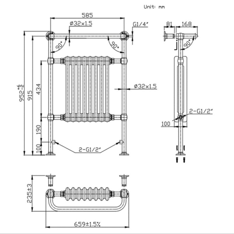 Black and Brass Traditional Column Radiator with Towel Rail 952 x 659mm - Regent