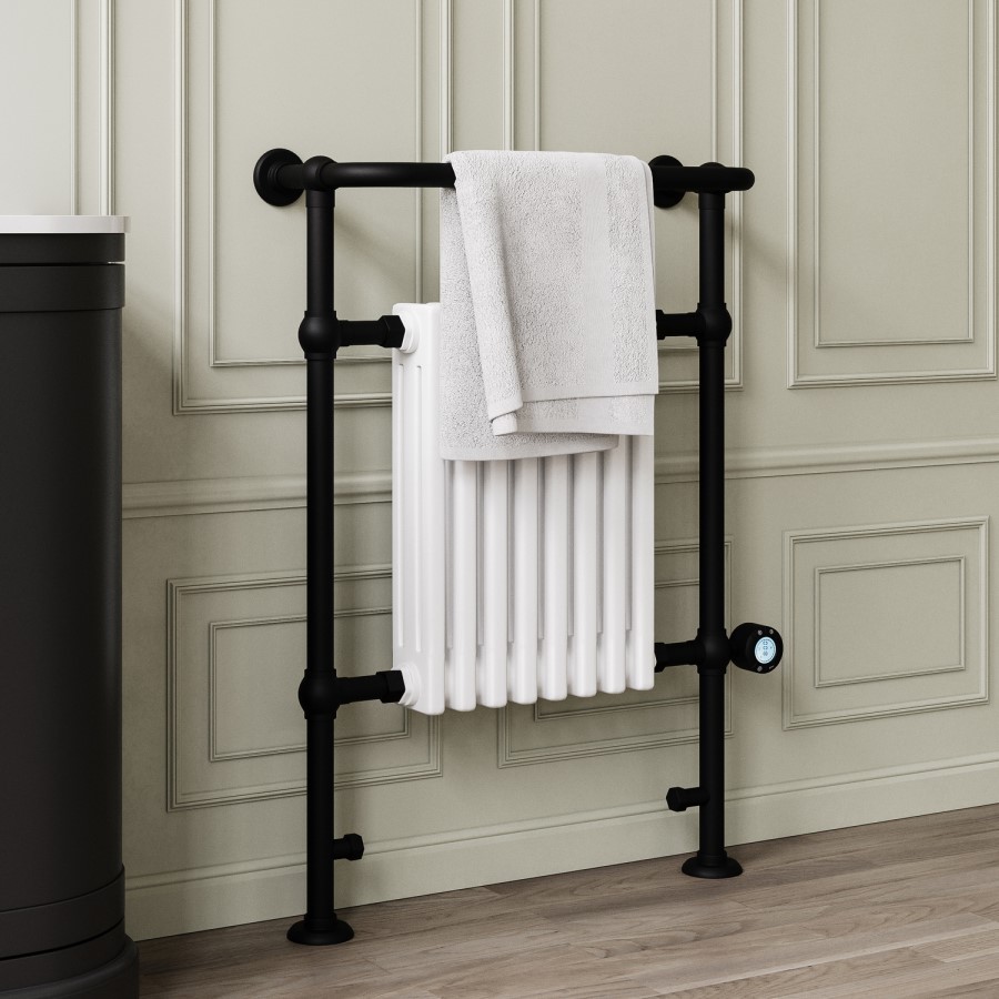 White and Black Electric Traditional Column Radiator with Towel Rail 952 x 659mm - Regent