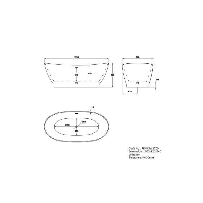 Freestanding Double Ended Slipper Bath 1700 x 820mm - Remi