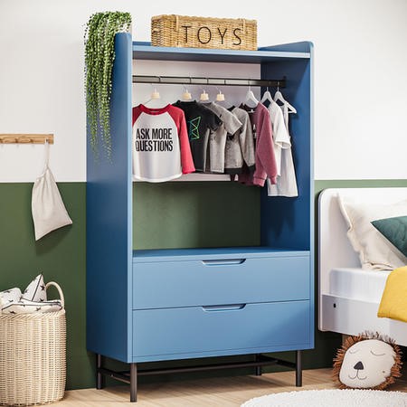 Kids Blue Open Wardrobe with 2 Drawers - Rueben - Furniture123