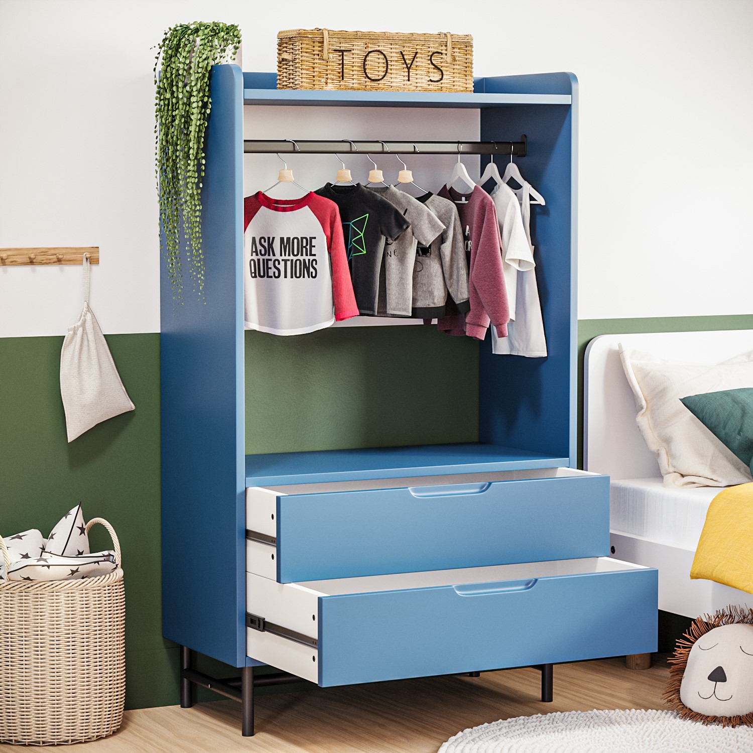 Read more about Kids blue open wardrobe with 2 drawers rueben