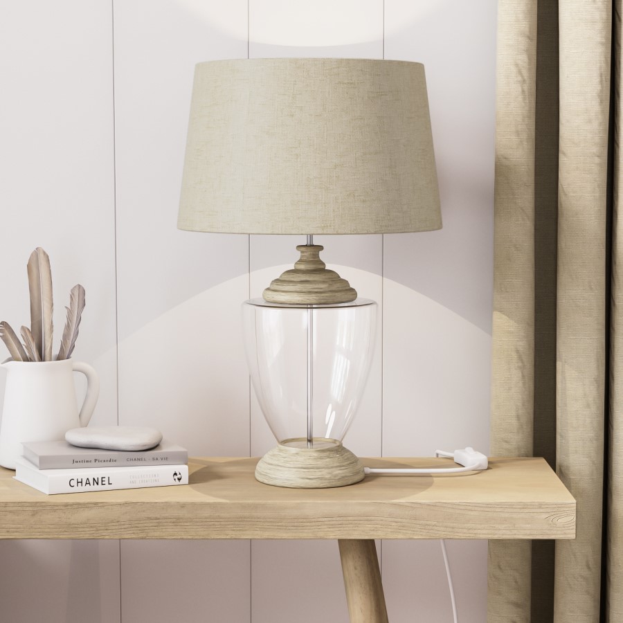 Glass Table Lamp with Linen Shade and Wooden Base - Sussex