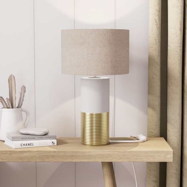 White and Brass Table Lamp with Linen Shade - Denton