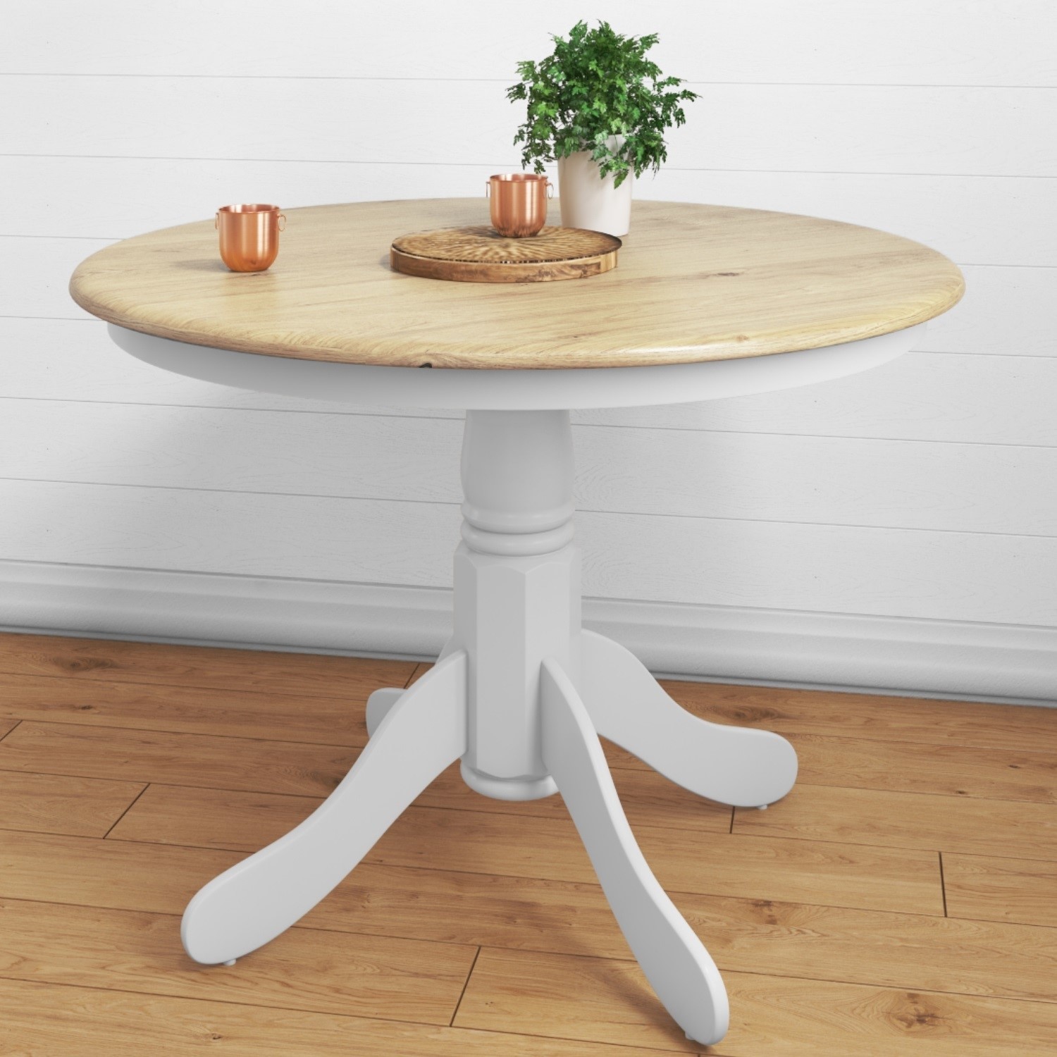 Round Pedestal Dining Table In White With Wood Top Seats 4