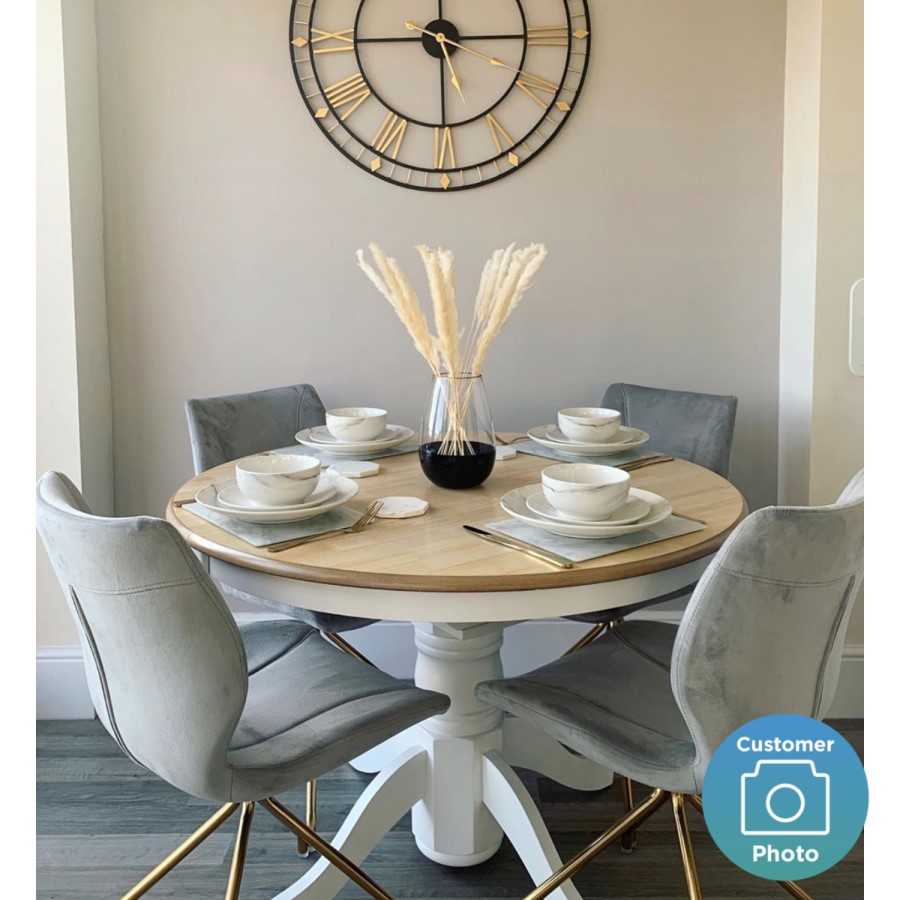 GRADE A1 - Round Pedestal Dining Table in White with Wood Top - Seats 4 - Rhode Island