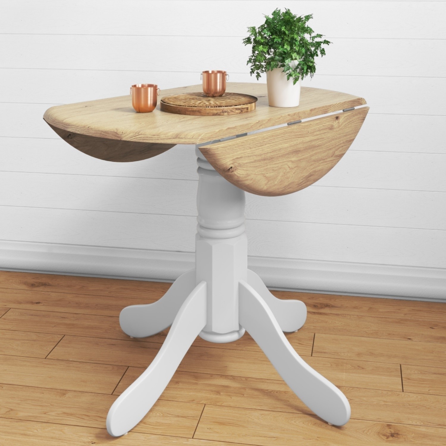 Round Drop Leaf Table In White Wood, Round Table Drop Leaf Sides
