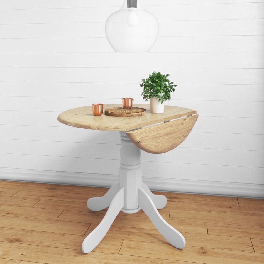 GRADE A1 - Rhode Island Round Drop Leaf Space Saving Dining Table in White/Natural - 4 Seater