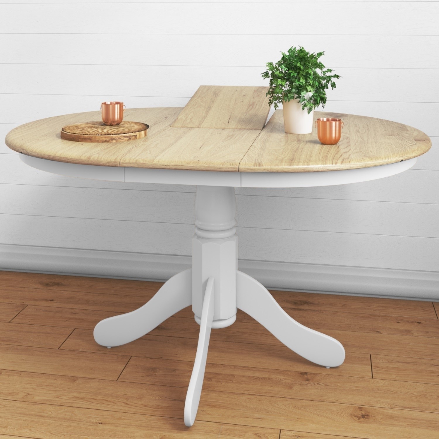 Round Extendable Dining Table in White & Oak Effect - Seats 6 - Rhode ...