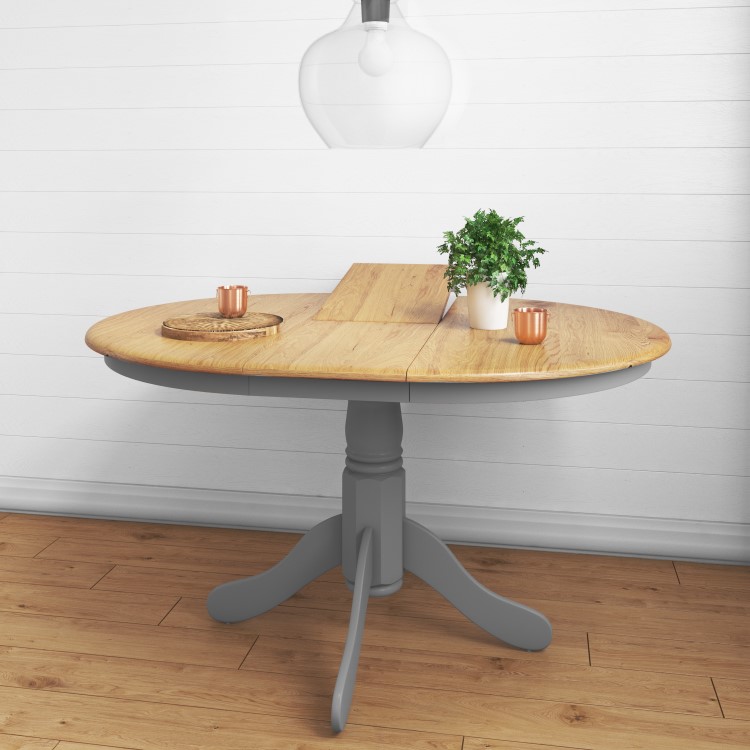 Round Extendable Dining Table with 4 Velvet Chairs in Grey & Oak Finish - Rhode Island & Kaylee