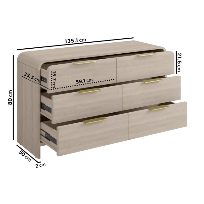 Wide Wooden Curved Chest of 6 Drawers - Rhea