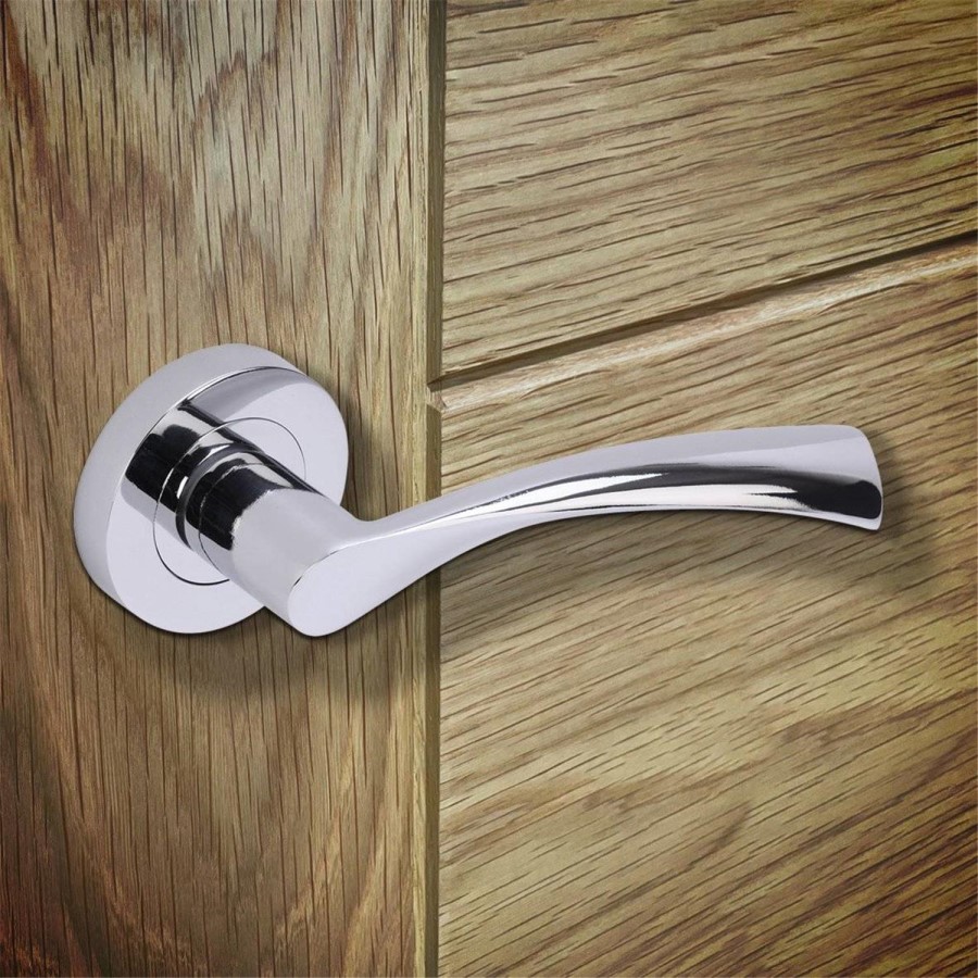 Internal Silver Polished Chrome Bathroom Lever Door Handle with Lock, Latch and Hinges Pack - 65mm Latch - Rhine - XL Joinery