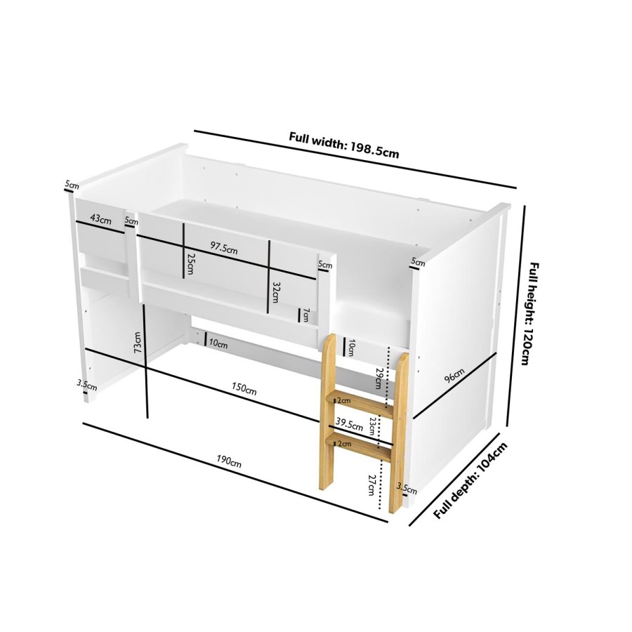 White Mid Sleeper Cabin Bed - Riley