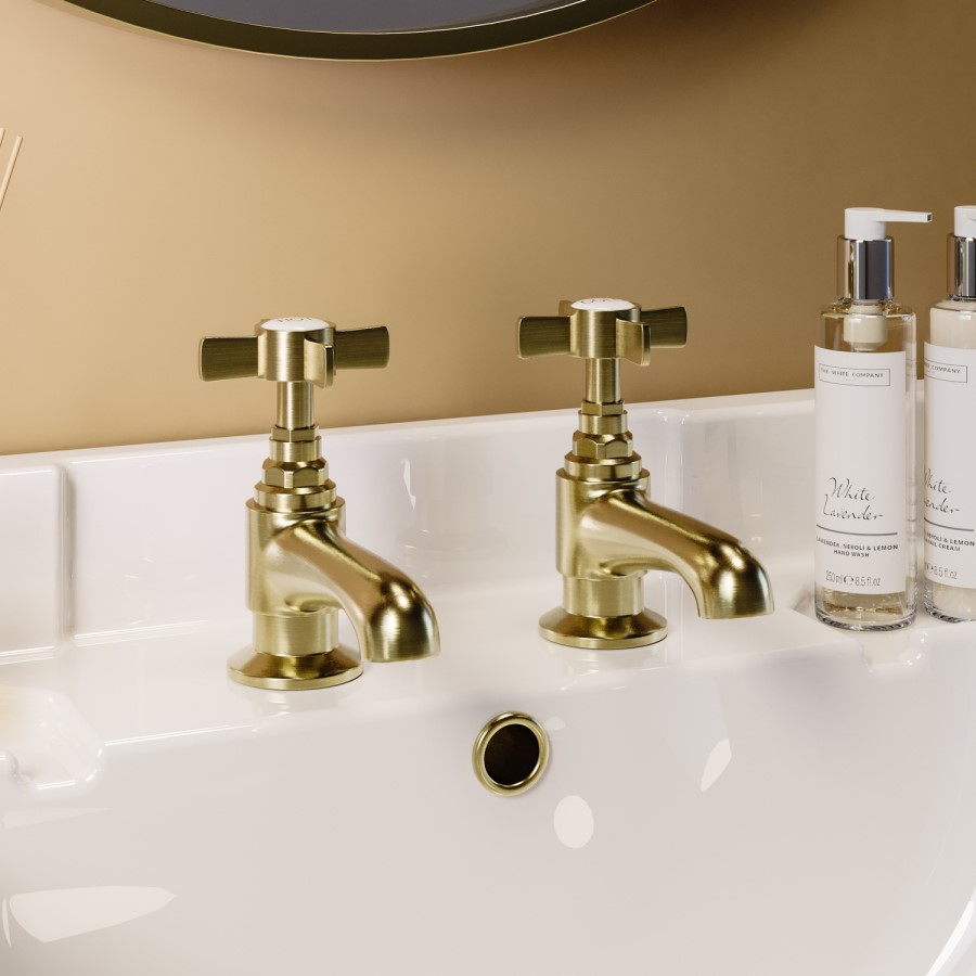 Brushed Brass Crosshead Basin Pillar Taps - Ripley